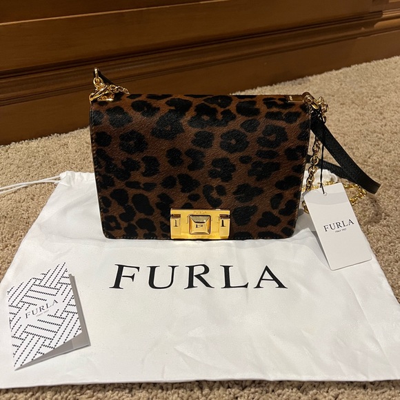 Furla Handbags - Authentic Never Used black Furla mimi leather/leopard bag with gold chain